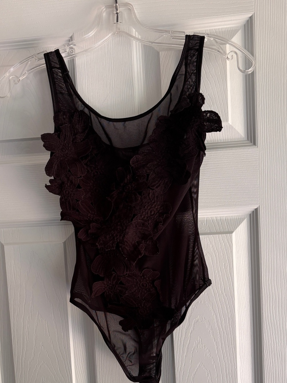 Womens Black Floral Appliqué Sheer Bodysuit